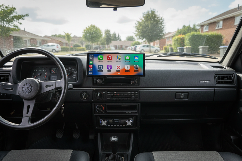CarPlay Display Fahrerperspektive auf Armaturenbrett